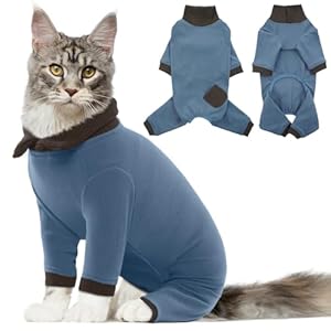 DENTRUN Cat Onesie Cat Pajamas Polo Neck Pullover Cloth for Cats Only Brethable Elastic Kitten Jumpsuit Hair Collection Outfit Outdoor (Blue, L)