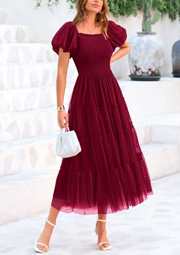 PRETTYGARDEN Women's Smocked Midi Tulle Dress 2025 Summer Puffy Short Sleeve Square Neck Ruffle Wedding Guest Party Dresses (Wine Red,Large) - Image 4