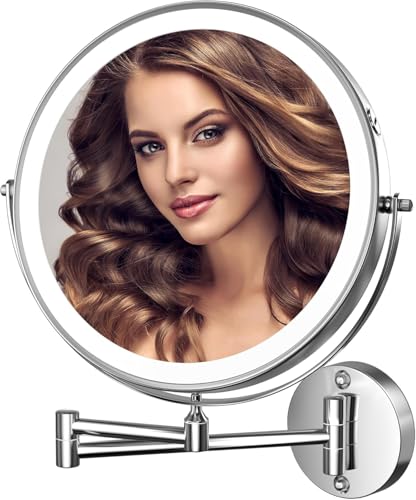 Wall Mounted Lighted Makeup Mirror, 8" Rechargeable Double-Sided Light up Magnifying Mirror 1x/10x, 3 Colors Led Vanity Mirror with Lights, Touch Dimmable 360° Rotation Foldable