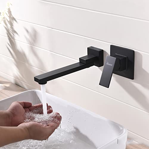 PHASAT PTBB05E - Grifo para lavabo montaje en pared, 90° caño giratorio de 2 orificios, Monomando Lavabo Mezclador con Válvula De Cerámica ，Grifos Lavabos con Agua Fría y Caliente， negro