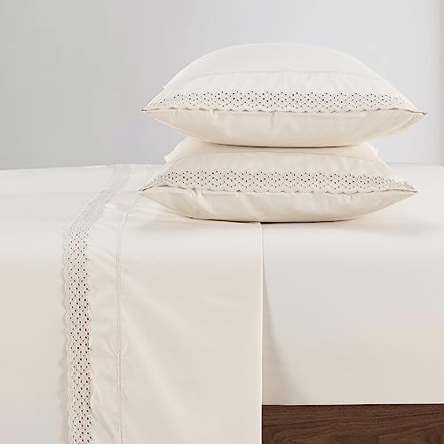 PANDATEX 100% Combed Cotton Percale Sheets Set Cream King Size Deep Pocket Embroidered Eyelet Lace Sheets Crisp Cool Breathable Off White Bed Sheets for Hot Sleepers