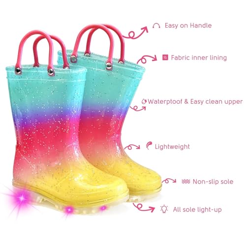 Toddler Rain Boots for Girls Boys, Light Up kids Glitter Rainboots Waterproof Shoes with Handles2