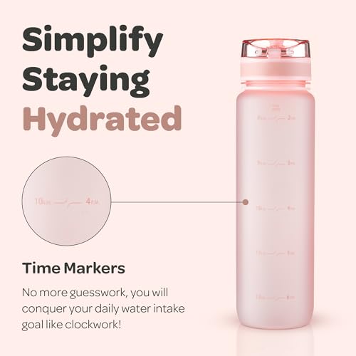 Image of Hydracy Water Bottle with Time Marker - Large 500 ml 17 Oz BPA Free Water Bottle - Leak Proof & No Sweat Gym Bottle with Fruit Infuser Strainer - Ideal for Fitness or Sports & Outdoors - Rose Gold
