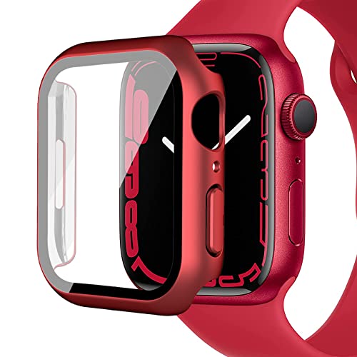 Miimall Coque compatible avec Apple Watch Series 8 Series 7 41 mm, protection d'écran en verre trempé ultra fine en polycarbonate rigide résistant aux chocs pour iWatch 41 mm, rouge Cover