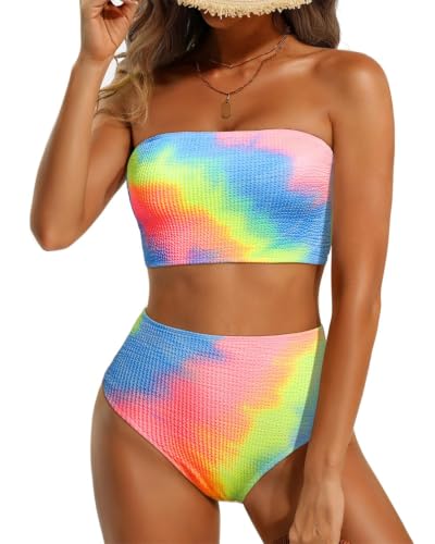 Image of High Waisted Bandeau Bikini Set - Women Strapless Two Piece Swimsuits Ribbed Longline Full Coverage Bathing Suits Swimwear
