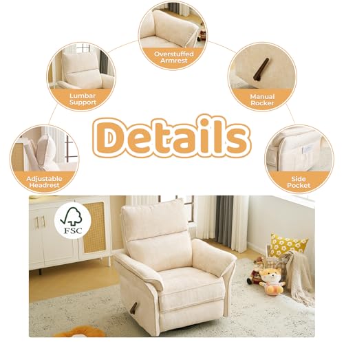 Image of Swivel Rocker Recliner with Adjustable Headrest,Upholstered Glider Rocker Recliner with Overstuffed Armrest,Manual Recliner Nursery Chair for Living Room,Beige