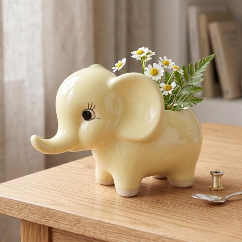 Image of Ceramic Elephant Succulent Planter - Cute Animal Shaped Flower Pot for Indoor Plants, Home Decor, Office Desk, & Gifting (Yellow, 6inch)
