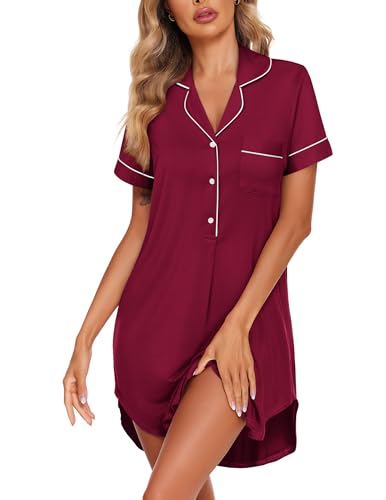 Image of Ekouaer Women's Nightgown Button Down Nightshirt V Neck Sleepshirt Short Sleeve Sleepwear Soft Pajama Dress