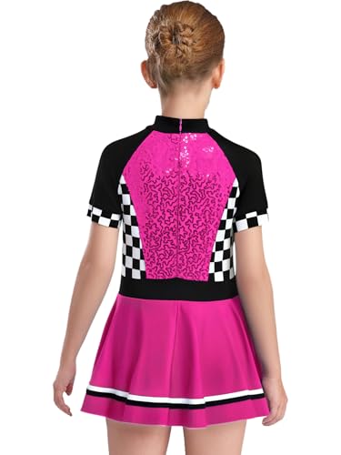 renvena Girls Race Car Driver Jumpsuit Glitter Racer Dress Checkerboard Printed Sequins Tutu Dress4
