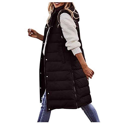 Generic Black Puffer Vest Women Plus Size Long Warm Coat Casual Fashion Zip Up Hoodie Tops Outdoor Winter Cotton Padded Jacket Lightweight Open Front Outerwear Quilted Waistcoat(B-Black,5X-Large) #TOP3