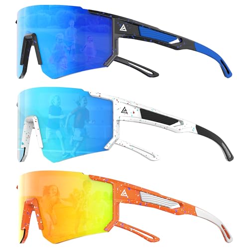 QALLY 3 Pack Kids Sunglasses Youth Baseball Sunglasses for Boys Girls Age 4-14, Cycling Softball Running UV400 Protection Sports