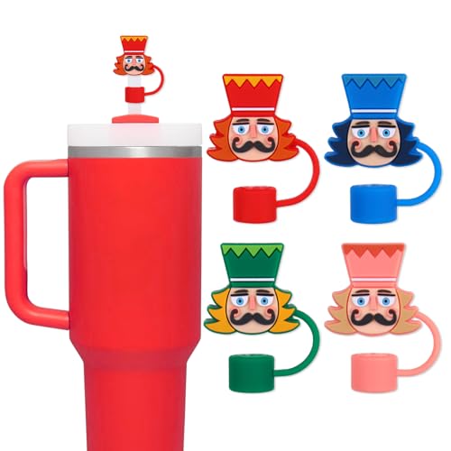 Whaline 4 Pcs Christmas Straw Cover Cap Nutcracker Reusable Silicone Straws Topper 4 Color 10 Mm/0.4 Inch Straw Tip Lid Protector for 30/40 Oz Tumbler Cup Accessory Xmas Party Decor