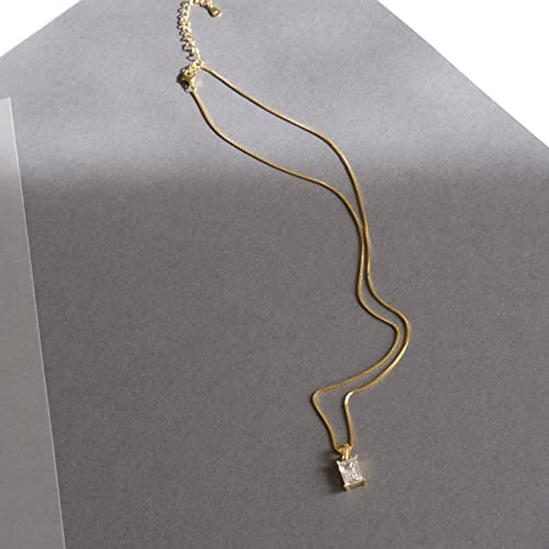Espere Clear Baguette Cz Pendant Necklace | 14K Gold Plated Sterling Silver | Emerald Baguette Pendant Dainty Box Chain Necklace 18'' #TOP4