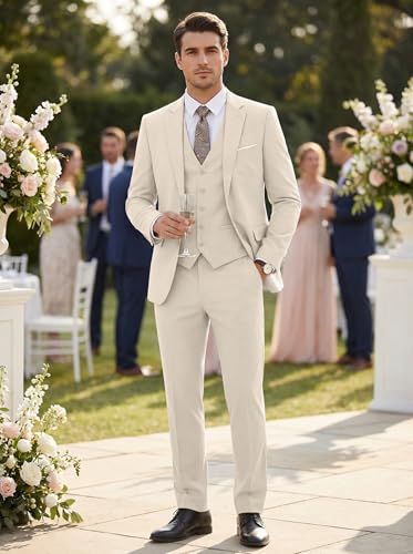 Image of Men's 3 Piece Slim Fit Suit Set, Two Button Blazer Solid Jacket Vest Pants Wedding Business Suit