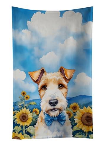 Caroline's Treasures Fox Terrier in Sunflowers Kitchen Towel Dish Cloths Guest Hand Towel Decorative Bathroom Towel for Face,Tea, Dishcloth, Kitchen and Bath