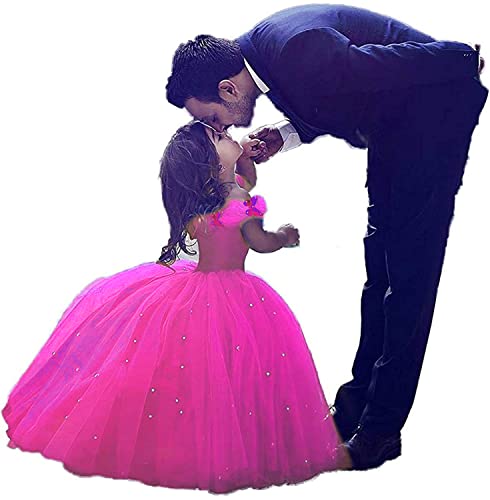 Girls Cinderella Princess Pageant Ball Gowns Kids Tulle Flower Girls Dresses Hot Pink Size 2