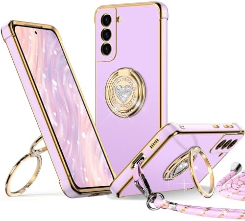 XYZ for Samsung Galaxy S22 Case with Stand, Double Ring Holder Case Heart with Lanyard for Girls Women, Luxury Cute Bling Protective Phone Cover Case for Samsung S22, White