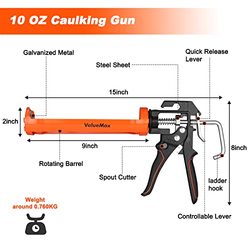 Valuemax Caulk Gun, 9 Inch Silicone Sealant Caulk Gun For Caulking/Filling/Sealing, Trigger Comfort Grip And Iron Smooth Rod, Ideal For Tiles, Window Joints, 8:1 Thrust Ratio #TOP1