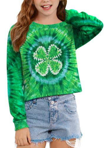 Image of Big Girl's St.Patrick's Lucky Irish Long Sleeve Crop Tops Shamrock Soft Funny Shirt Tie Dye 12 Years