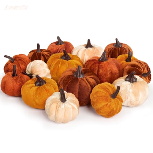 16Pcs Fall Artificial Velvet Pumpkins, 3 Sizes Orange Brown Beige Rust Fake Small Foam Pumpkins for Decorating Autumn Fall Farmhouse Home Harvest Thanksgiving Halloween Wedding Table Centerpiece Decor