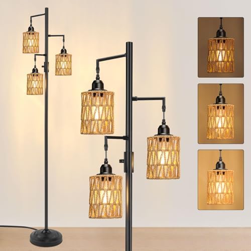 Lightsjoy Rattan Floor Lamp Stepless Dimmable Floor Lamps with 3Lights