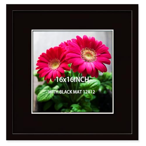 SKAOTUS 16x16 Picture Frame Black Solid Wood for Black Mat 12x12 Wall Mounting Square Poster Frames