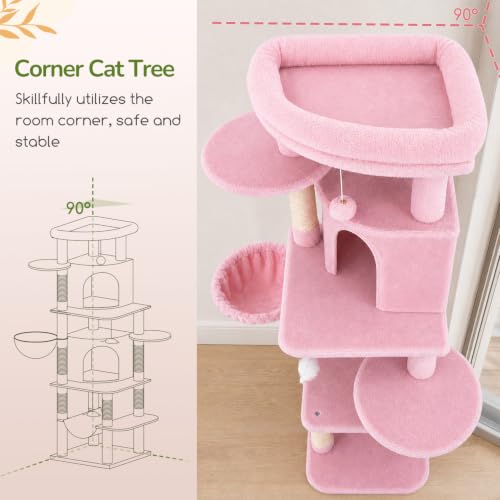 Image of Globlazer 66in Pink Corner Cat Tree Tower for Indoor Large Cats, C66, Pink | Space-Saving Stable Cute Cat Tower with 6 Scratching Posts, 2 Large Fan-shaped Condos & Top Perch, Hammock, Climbing Steps