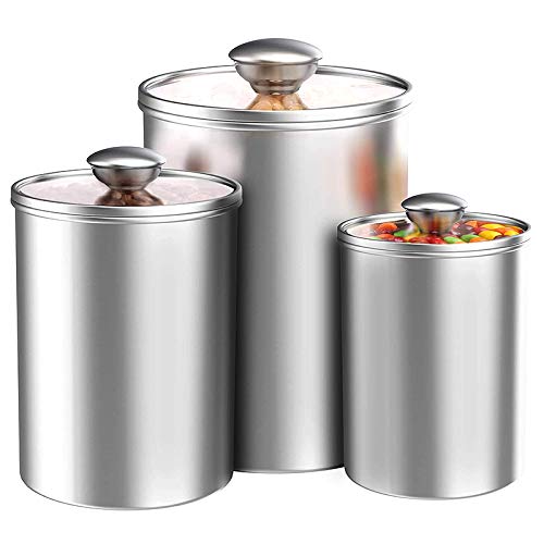 Binchil Airtight Canisters Sets for the Kitchen Counter 3-Piece Steel Food Storage Container with Clear Glass Lids for Coffee Tea Nuts Sugar Flour
