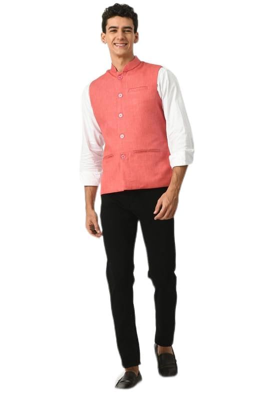 Men Solid Cotton Blended Nehru Jacket/Modi Waistcoat (Carrot,Single)-image-41