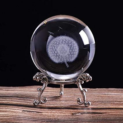 HDCRYSTALGIFTS 3D Carving Dandelion Crystal Ball Glass Sphere Display Paperweight with Sliver-Plated Flowering Stand,2.4inch(60mm)