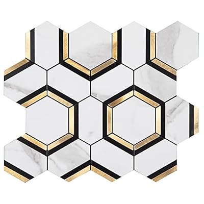 Diflart 10-Pack Peel and Stick Backsplash Tile, White and Gold, Hexagon, Marble Veins with PVC Mixed Metal, Stick on Backsplash for Kitchen and Bathroom, Self Adhesive Wall Tiles