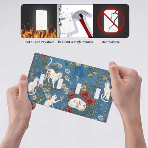 Placa de interruptor de 4 bandas con diseño de gato blanco y margaritas sobre fondo azul 7