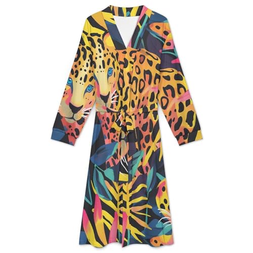 Cute Tropical Leopards Soft Robe Long Sleeve Bathrobes V Neck Sleepwear Spa Robes with Belt Men Woman3