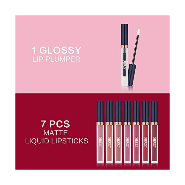 QiBest 8pcs Matte Liquid Lipstick with Lip Plumper Makeup Set Velvety Long Lasting High Pigmented Nude Waterproof Lip Gloss Kit Girls Women Make Up Gift Set