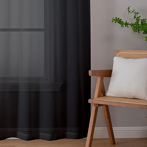 Image of Simplebrand Black Sheer Curtains 96 Inches Long, Light Filtering Rod Pocket Solid Color Window Sheer Curtain Panels, Elegant Curtains & Drapes for Living Room, Bedroom 2 Panels (Black, 42 inch W x 96 inch L)