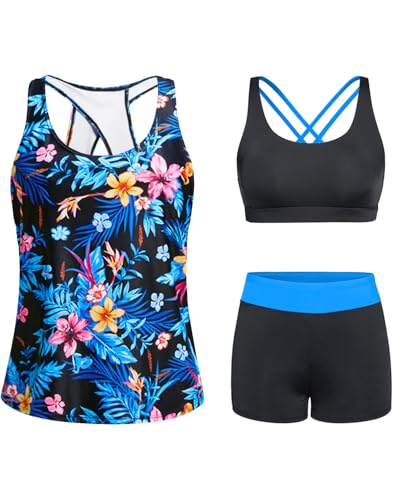 Image of Tempt Me 3 Piece Tankini Swimsuits for Women Athletic Bathing Suits Swim Tank Top with Boy Shorts and Bra Modest Swimwear