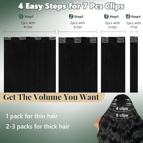 Image of Ugeat 24 Inch Jet Black Hair Extensions Clip in Remy Human Hair Long Straight Real Human Hair Clip in Extensions Full Head Set for Black Women 7pcs