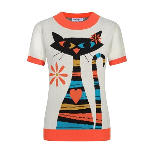 Women's Knitted T-Shirt, 1960s Mod Style Painted Cat Crewneck Cotton Short Sleeve Beige