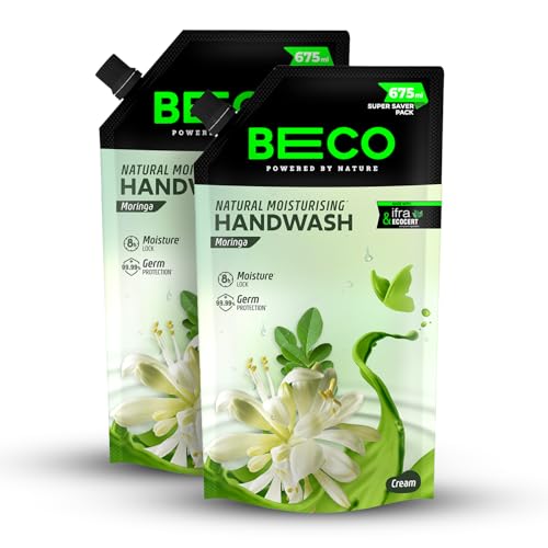 Beco Moisturising Liquid Handwash - Moringa Fragrance | Pack of 2 | 675 ml | 8-hr moisture lock | Natural, Paraben free, Chemical Free | Kills 99.99% germs, Safe for all Skin types