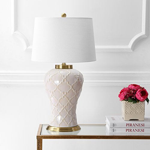 JONATHAN Y 29" Cream Textured Ceramic Table Lamp, Transitional Quatrefoil Trellis Design with White Linen Drum Shade and Brass Accents for Living Room, LED Bulb Included JYL4024A by JONATHAN Y - Image 3