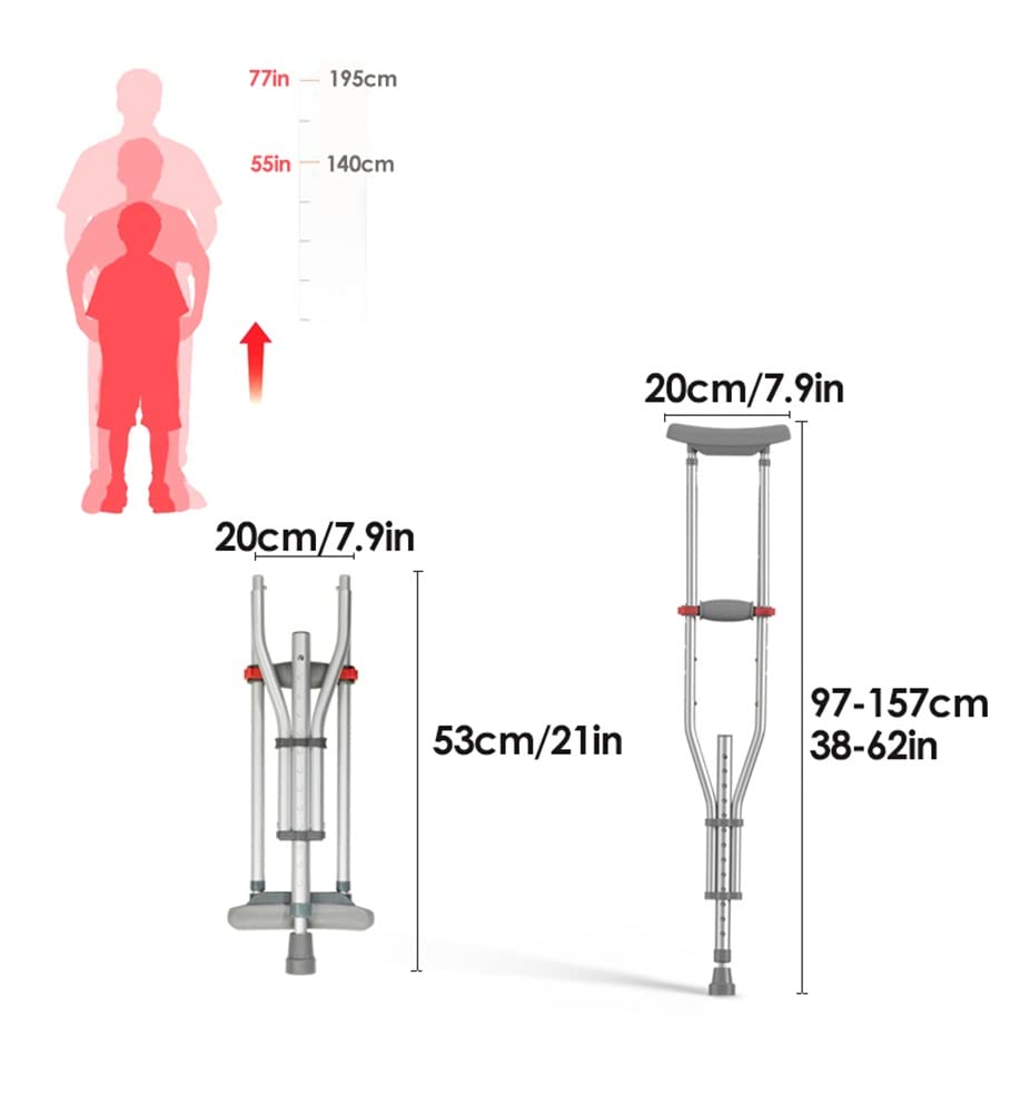 2 muletas plegables para las axilas, bastones ajustables con almohadillas suaves para las axilas y empuñadura ergonómica, para niños, jóvenes y adultos de 140 a 195 cm de altura, carga de 230 kg/507