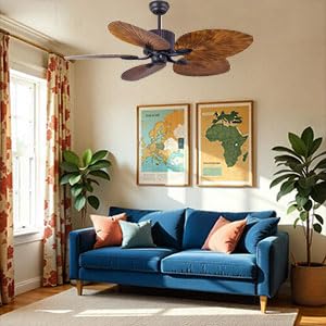 Image of PalmAura Ceiling Fan - Modern Fan with Silent Motor, Remote Control, 5 Palm-Style Wooden Blades - Modern Coastal Ceiling Fan for Living Room, Bedroom, Home Decor