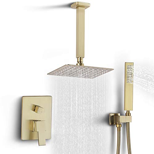 Dr Faucet Ceiling Mount Rain Shower with Rainfall Handle Bathroom Rain Shower Faucet Set Rough-in Valve and Trim Shower Fixtures, Brushed Gold
