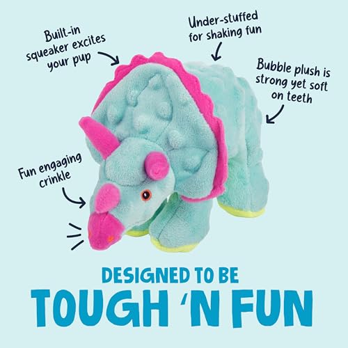 Image of goDog Dinos Frills Squeaky Plush Dog Toy with Chew Guard Technology, Durable Fabric & Squeaker for Active Play, Teal, Small