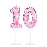 Kinsynko Kerze mit der Zahl 10, rosa Pailletten, 10. Geburtstag, für Prinzessinnen, Mädchen, 10. Geburtstag, Schmetterling, Motto-Party-Dekorationen, Tortenaufsatz