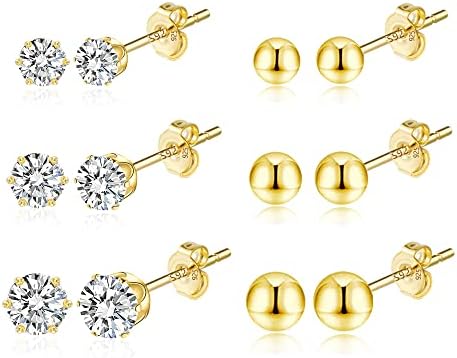 Sterling Silver Stud Earrings, 6 Pairs Sterling Silver 925 Studs Set For Women Girls Kids, Multipack Small Stud Earrings, Hypoallergenicl Mini Sleeper Cartilage Studs Jewelry Gift