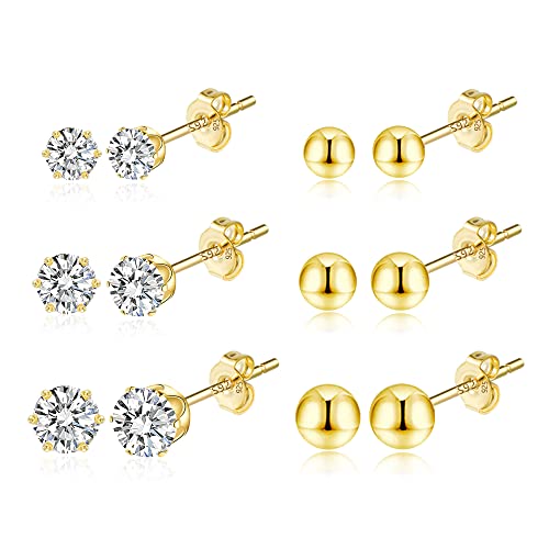 ASH'S CHOICE Pendientes Para Mujer 6 Pares De Pendientes Pequeños Para Cartílago Oreja Clavos Chapados En Plata S925/Oro De 14 Quilates Hipoalergénicos, Adecuados Para Mujeres, Niñas y Hombres