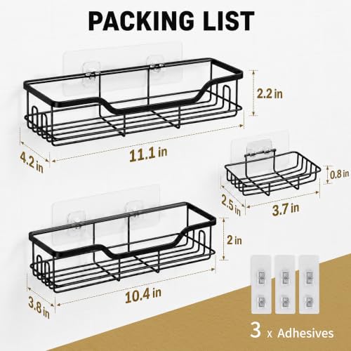 Image of OMAIRA 3-Pack Shower Caddy with Soap Holder, Adhesive Rustproof No-drill Strudy Loading Inside Shower Organizer Shelves Rack Storage Bathroom Organization for Smooth Wall Glass Tile, Black (Large)