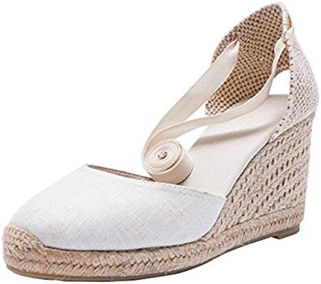 U-lite Womens Espadrille Wedge Sandals Closed Toe Platform Lace Up Ankle Strap Slingback Summer Dress Shoes White Canvas-3" 8