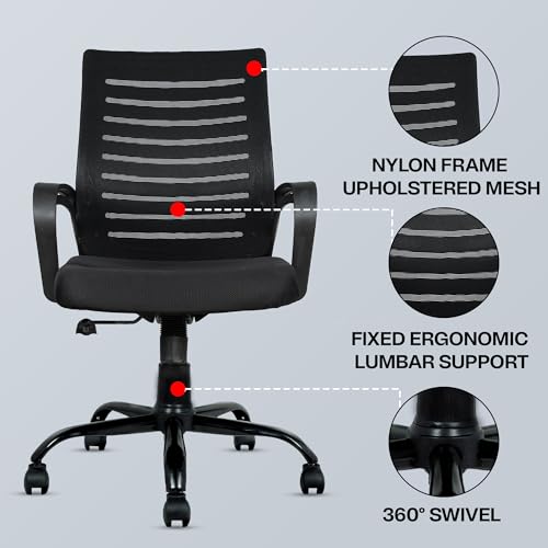Image of MRC EXECUTIVE CHAIRS ALWAYS INSPIRING MORE Boom Mesh Mid-Back Ergonomic Desk Office Chair With Tilting Mechanism,Comfortable Seat & Revolving Heavy Duty Metal Base|for Work from Home & Study (Black)